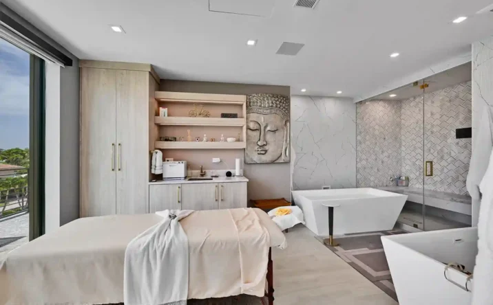 Custom walk-in closet with built-in shelving, drawers, and elegant storage solutions.