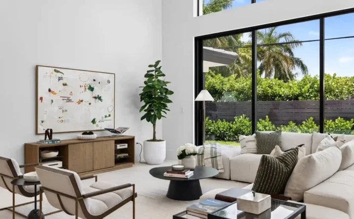 Minimalist entryway with high ceilings, large windows, indoor plant, and natural light.